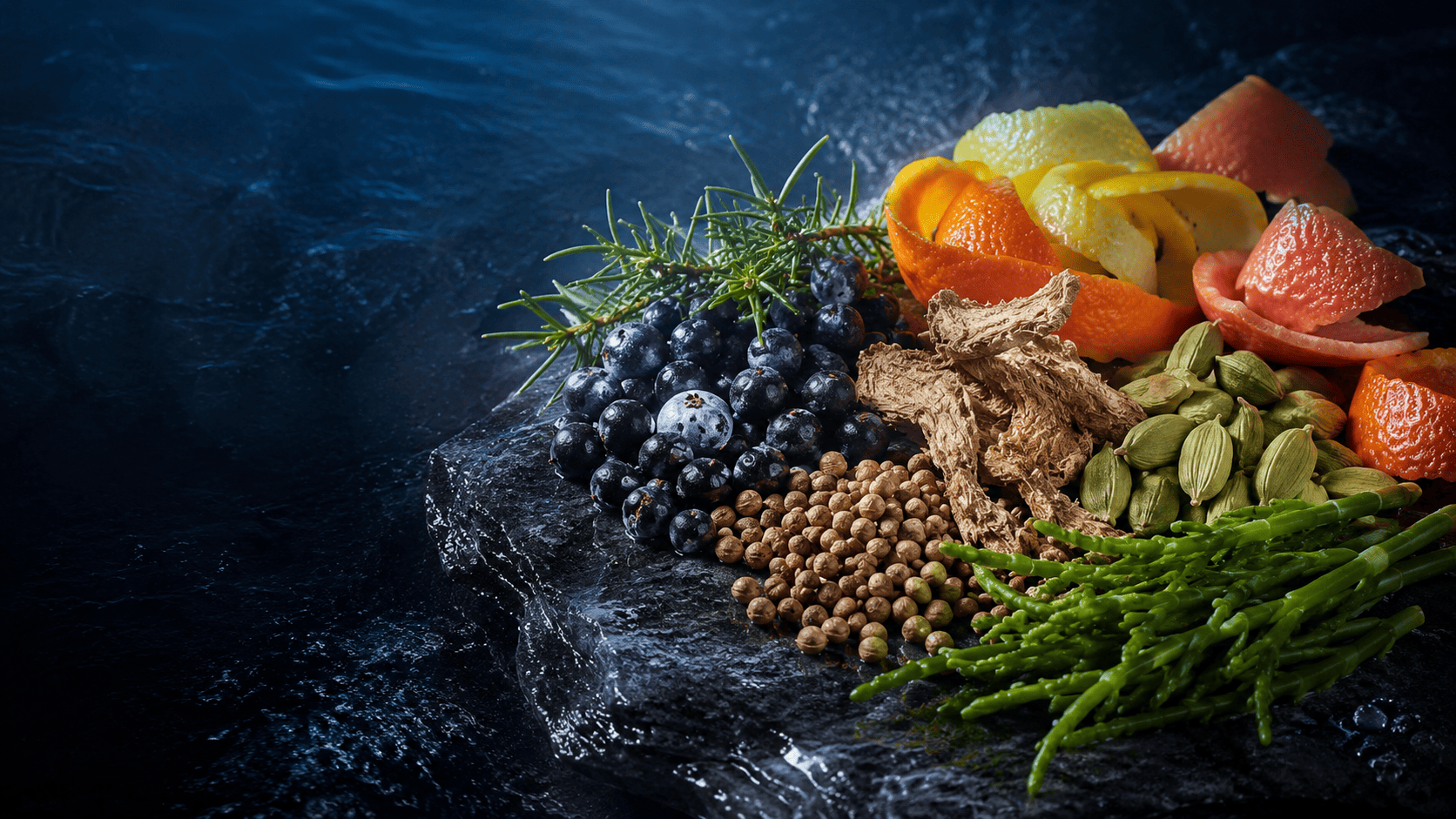 Poseidon Gin circondato da botaniche e richiami marini
